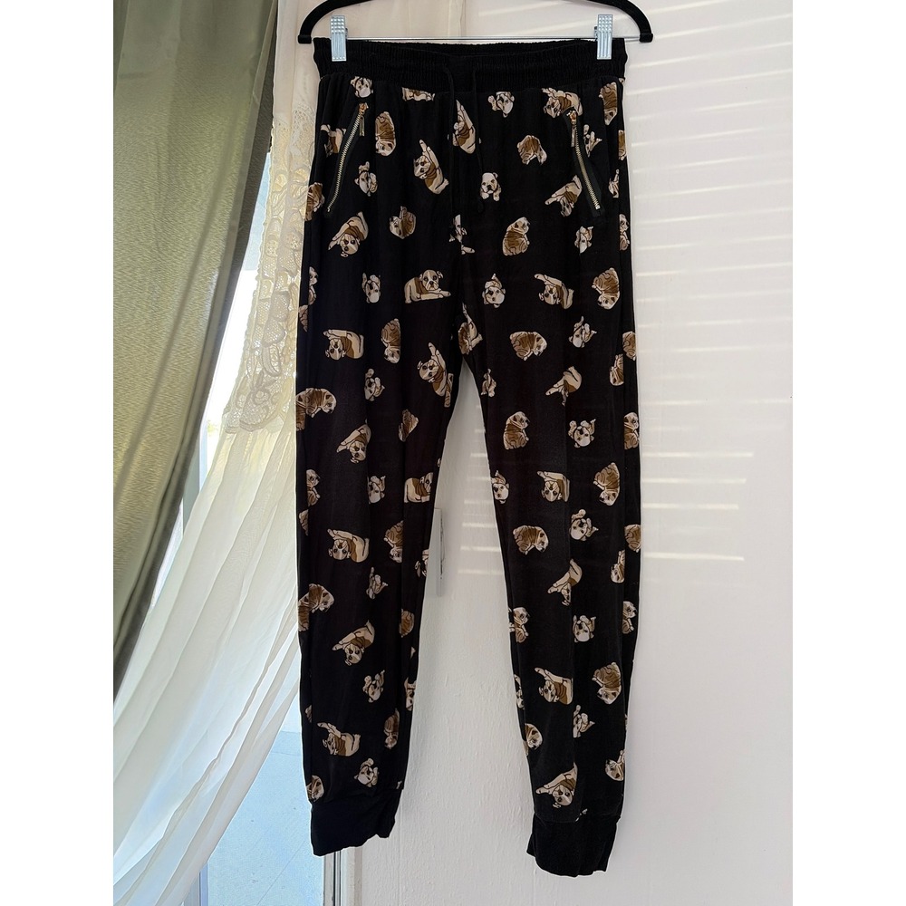 Pug Joggers Womens L/XL Black Bulldog Puppy‎ Print Dog Lover Lounge Pants